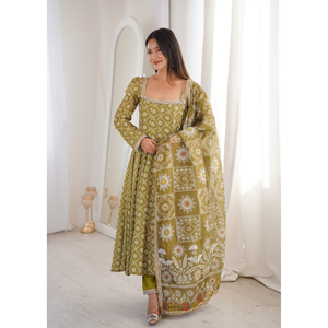 Classic Printed Maslin Anarkali Gown Set With <b>Mirror</b> Lace Organza Dupatta Straight Pant Fully Stitched Ethnic Wear( HTU 55) - Product Image 4