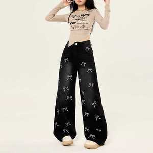 <span class=keywords><strong>Jeans</strong></span> de Mujer con Estampado de Lazo, Elegantes, de Cintura Alta, Pierna Ancha, Estilo Chic, Holgados, Rectos, Estética Coquette Y2K - Product Image 3