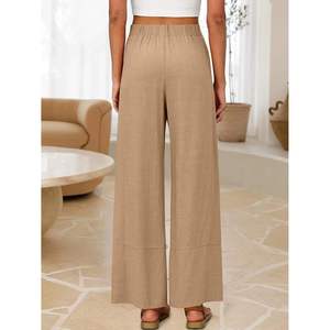 Women's <b>Linen</b> Cotton <b>Wide</b> <b>Leg</b> Pants High Waist Elastic Solid Color Loose Fit Full Length Casual Summer Style Flat Front <b>Trousers</b> - Product Image 4