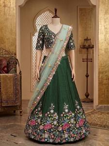 Lehenga Choli brodé floral vert de créateur avec dupatta en filet – Lehenga ethnique multicolore pour mariage et soirée - Product Image 3