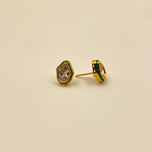 RAY FINE ORNATES 22K Gold Plated Polki <b>Small</b> <b>Stud</b> <b>Earrings</b> Green Meenakari Enamel Traditional Jaipur Indian Bridal Ethnic - Product Image 2