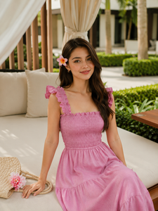 Robe mi-longue décontractée en coton coupe trapèze pour la plage - Élégante robe rose à corsage smocké, bretelles volantées et détails en dentelle pour les vacances d'été - Product Image 3