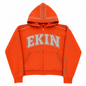Sudadera de Algodón Grueso con Cierre y Pedrería, Estilo Vintage, Lavado Ácido, para Otoño, Moda Urbana, Ecológica, Calidad Premium - Product Image 1