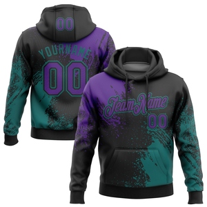 Sudadera con Capucha Deportiva de Diseño Abstracto 3D con Trazos de Pincel, Negra y Morado-Azul Verdoso, Cosida a Medida, Nueva Colección Directa de Fábrica al Por Mayor - Product Image 1