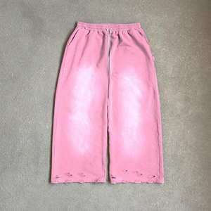 Pantalon de survêtement personnalisé 100% Coton épais, délavé à l'acide, effet vieilli, ourlet brut, coupe oversize, empilé, baggy, avec strass - Product Image 1