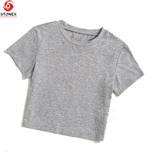 Haut court en coton de haute qualité pour femme, décontracté, écologique, col rond, respirant, manches courtes, été, couleur unie, logo personnalisé - Product Image 1