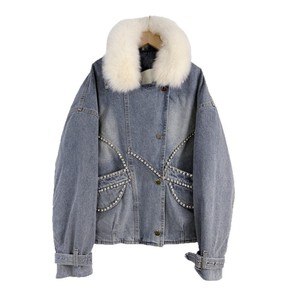 High Quality Retro Diamond Women's <b>Denim</b> <b>Coats</b> Patchwork Blue Loose Women's Jacket - Product Image 3