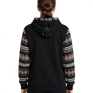 Sweat à capuche unisexe en molleton de coton noir avec broderie de masque tribal et imprimé géométrique sud-ouest, style streetwear décontracté pour l'hiver - Product Image 2