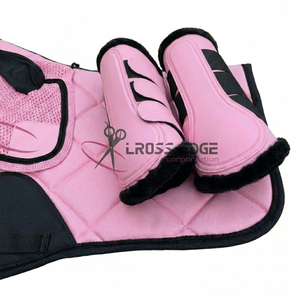 Matching Horse Saddle Pad <b>Set</b> - Shock Absorbing English Riding Pad with <b>Crochet</b> Fly Veil Ear Bonnet & Impact Protection Boots - Product Image 4