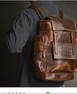 Mochila de cuero vintage con patrón de cocodrilo marrón, de gran capacidad, con cremallera, para hombre, para viajes y negocios. - Product Image 4