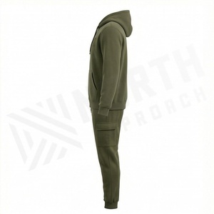 Survêtement à capuche vert olive pour homme, sweat-shirt à fermeture éclair intégrale avec poches latérales, pantalon cargo, vêtements décontractés, style automne, coupe classique - Product Image 3