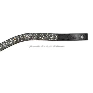 Fancy Small Glittering Stones Diamante Wave Shape Black leather horse brow <b>band</b> with <b>snap</b> button loop end - Product Image 6