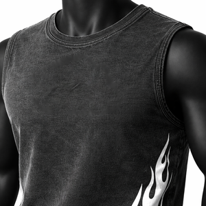 Débardeur sans manches noir pour homme avec imprimé flamme et étoile blanches, col rond, style streetwear, en coton tricoté - Product Image 6