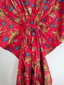 Vestido Kaftán de Algodón con Estampado de Tigre Hecho a Mano, Ropa de Playa India, Atuendo Bohemio para Festivales - Product Image 5