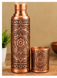 Traditional Copper Water <b>Bottle</b> and Cup Set with Lid Lotus Pattern Portable Travel <b>Thermos</b> Drinkware - Product Image 5