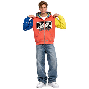 Sudadera con capucha para hombre, de algodón grueso, con diseño de bloques de color desgastados, personalizada, con cremallera, bordada, estilo urbano, informal, a la moda. - Product Image 3