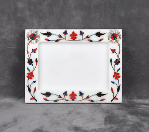 Stone Era Premium <b>White</b> Marble Photo <b>Frame</b> Traditional Floral Inlay Design for Lightweight Handmade Gift for Home Office - Product Image 2