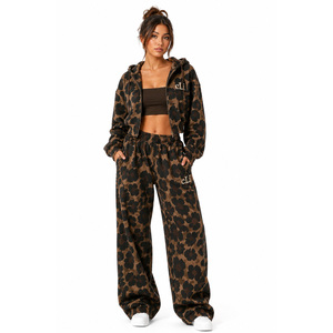 <b>Leopard</b> Floral <b>Print</b> Women’s Cropped Zip <b>Hoodie</b> Tracksuit Set with Oversized Wide Leg Sweatpants Custom Fashion Streetwear Bulk - Product Image 1