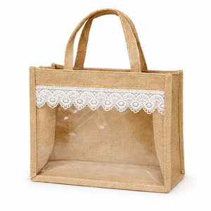 Bolsa de Regalo de Yute Natural con Ribete de Encaje, Cesta de Almacenamiento Transparente Ecológica con Asa - Product Image 1