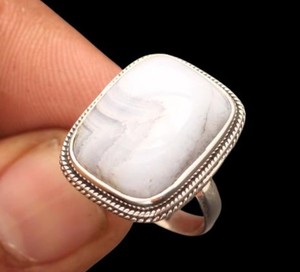 Wholesale Natural Blue Lace Agate Rectangle <b>Ring</b> Silver Plated Handmade Gemstone <b>Statement</b> <b>Ring</b> Boho Fashion Jewelry Supplier - Product Image 1