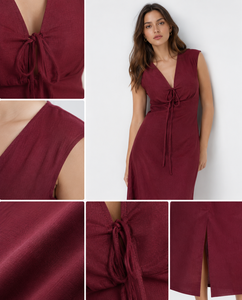 Vestido largo de lino OEM personalizado para mujer, color rojo vino, con cuello en V, lazo frontal, sin mangas, abertura alta, informal, de verano, para playa - Product Image 4