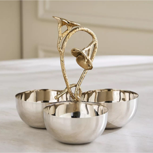 Ensemble de service à trois bols en or fait main avec finition intérieure en émail blanc, bord torsadé et poignée anneau, plateau à collation pour table - Product Image 5