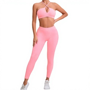 Conjunto de leggings y sujetador deportivo Patch House rosa con tiras cruzadas, cintura alta, largo completo, sin costuras, para yoga, que absorbe el sudor, conjunto de dos piezas. - Product Image 5
