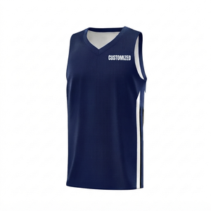 Maillot de basket-ball personnalisé bleu marine pour homme, col en V, sans manches, polyester/coton, maille respirante, séchage rapide, entraînement sportif - Product Image 1