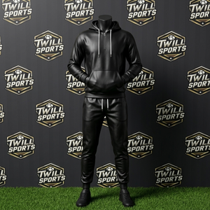 PU Leather Casual Solid Hooded Fleece Lined Windproof Eco-friendly High End Biker Style Tracksuit Set Winter - Product Image 2