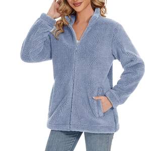 Veste en polaire Sherpa bleu ciel pour femme, chaude et moelleuse, pour l'extérieur, bleu clair, décontractée, zippée, sweat-shirt d'hiver - Product Image 3