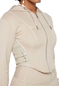 Jersey de mujer Detalle de ribete de cuero Cordones de cuero dobles Corsé Sudaderas con capucha recortadas - Product Image 2