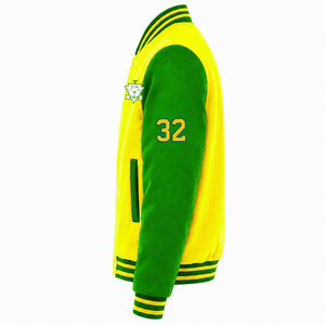 Veste universitaire personnalisée Chi Eta Phi Sorority, verte et jaune, manches longues, fermeture éclair sur le devant, col à bandes, logo brodé, coton. - Product Image 4