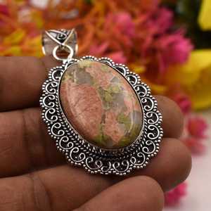 Pendentif élégant bohème en pierre d'Unakite, fait main, en argent sterling 925, bijou en cristal, cadeau NIKHIL GEMS, vintage, pour fiançailles, troisième anniversaire - Product Image 1