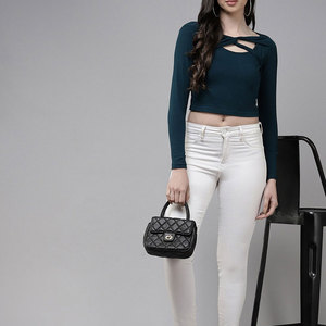 Top Corto de Manga Larga para Mujer, Color Liso, Hecho de Algodón y Poliéster, Artículo Nuevo en Línea, Precio Bajo - Product Image 4