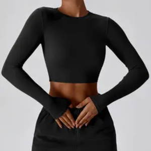 Ensemble de hauts courts à manches longues pour femmes, tricotés en spandex et polyester, col rond, couleur unie, respirant, à porter toute l'année - Product Image 6