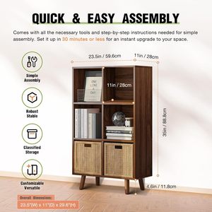 Bibliothèque ouverte à 6 cubes, étagère à livres en bois à 3 niveaux avec pieds et panneau arrière, noyer - Product Image 3