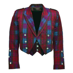Veste traditionnelle écossaise Prince Charlie en laine de haute qualité, motif tartan, couleur bordeaux foncé et bleu ciel, style Highland - Product Image 1