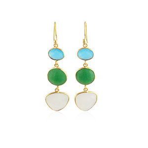 Elegant chalcedony & jade checker cut gemstone <b>earrings</b> handmade gold plated bezel setting drop dangle <b>hook</b> connector jewelry - Product Image 1