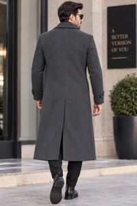 Manteau long en laine pour homme, double boutonnage, revers cranté, épais, pour l'hiver, classique, gris anthracite, style trench-coat formel pour affaires - Product Image 2
