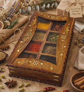 Boîte à épices en bois artisanale avec couvercle en verre incrusté de motifs floraux, détail en laiton, style Masala Dabba indien, organisateur de rangement pour épices de cuisine - Product Image 4