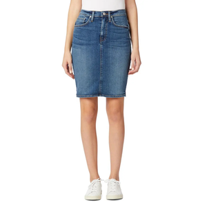 Jupe crayon en jean bleu moyen classique à cinq poches, taille haute, coupe droite, en coton stretch, qualité bureau - Product Image 1