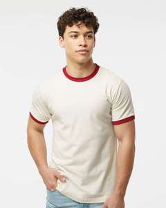 T-shirt blanc à manches courtes pour homme, col rond, bordure contrastée, coupe classique, jersey décontracté, polyester/coton, écologique, respirant - Product Image 2