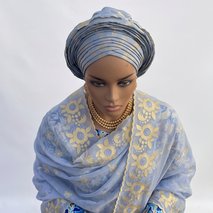 Hijab en voile de coton africain pour femmes, brodé de fleurs, orné de strass, bleu et jaune, léger, respirant, écharpe ethnique pour usage quotidien - Product Image 2