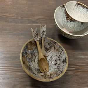 Juego de cuencos y cucharas de madera con estampado de esmalte nuevo de diseño moderno, vajilla sostenible de aspecto Natural, ensaladeras de frutas - Product Image 1