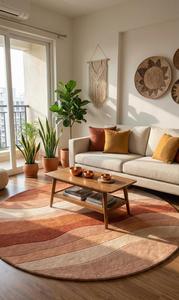 Modern <b>Abstract</b> Wave Round Wool Anti-Slip Area Rug Soft Tufted Terracotta Orange Beige for Living Room - Product Image 6
