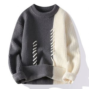 Pull asymétrique à col ras du cou pour femme, avec blocs de couleurs, à lacets, manches longues, tricot épais, vêtements d'hiver - Product Image 5