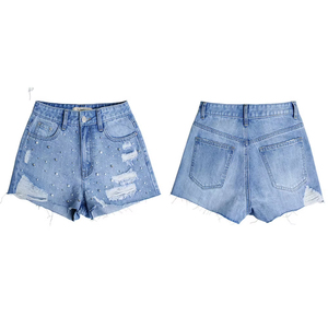 Short en jean taille haute croisée pour femme, coupe droite ample, respirant, en denim, idéal pour la plage - Product Image 6