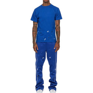 Ensemble de jogging décontracté personnalisé brodé en maille pour homme, style streetwear, avec t-shirt à manches courtes et pantalon évasé pour l'été - Product Image 2