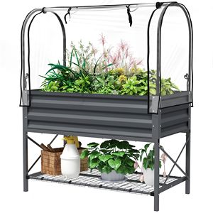 Jardinière surélevée en métal gris foncé avec pieds, couvercle et étagère inférieure pour légumes, pots de fleurs et jardinières - Product Image 1