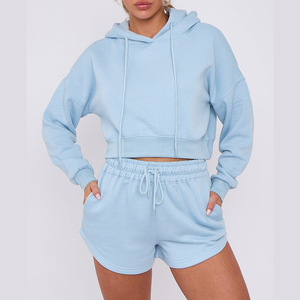 Conjunto Deportivo de Dos Piezas para Mujer, Sudadera con Capucha Azul Claro y Pantalones Cortos de Felpa, Estilo Casual, Holgado, Color Sólido, para Primavera/Verano - Product Image 5